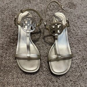 Tory Burch Metallic Gold Logo T-Strap Wedge Sandals